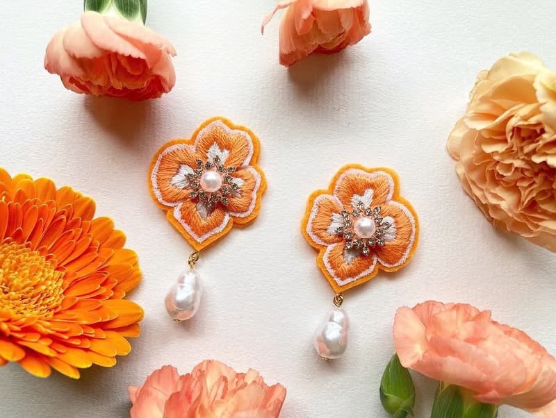 bon bon Orange Sherbet( pearl )【刺繍アクセサリー/浴衣/パール/海/オレンジ/夏】 送禮