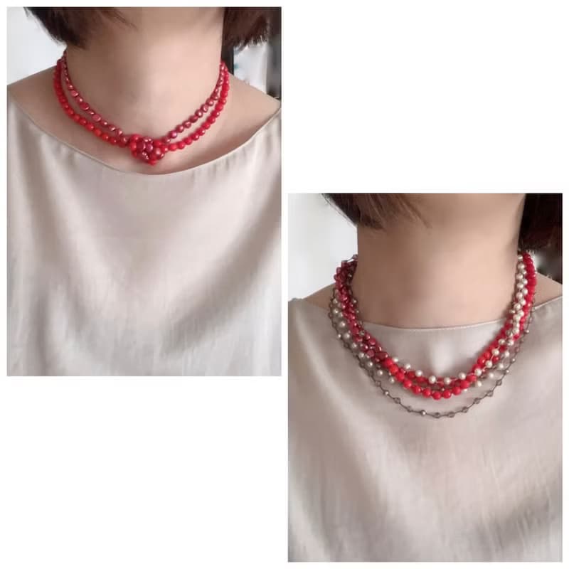 元気をくれる赤い珊瑚と、赤いパールのコラボレーションロングネックレス