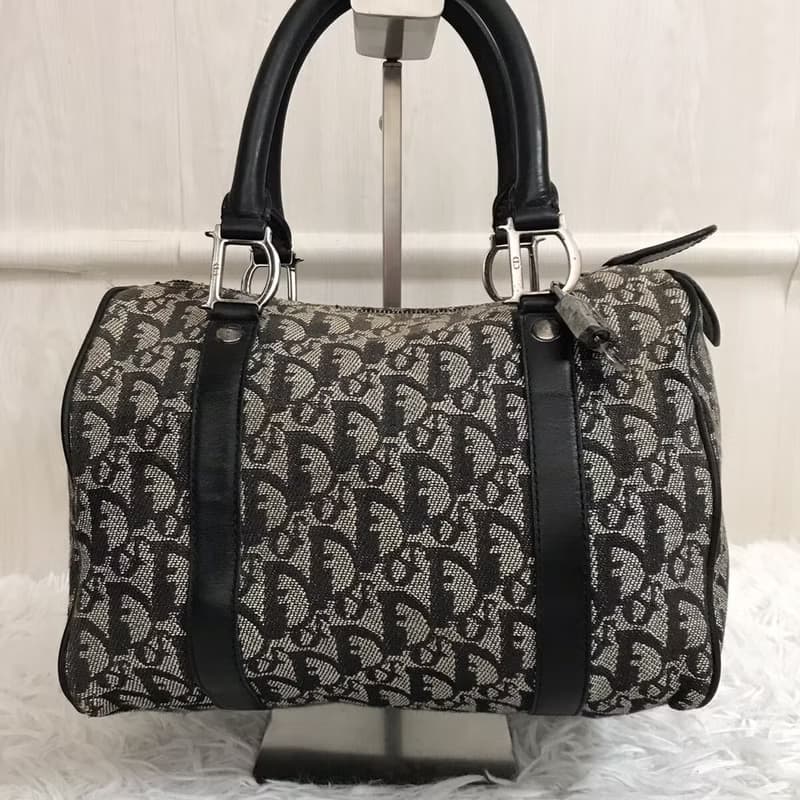 【母親節優惠】稀有中古二手Dior黑灰色老花波士頓手提圓桶袋小包