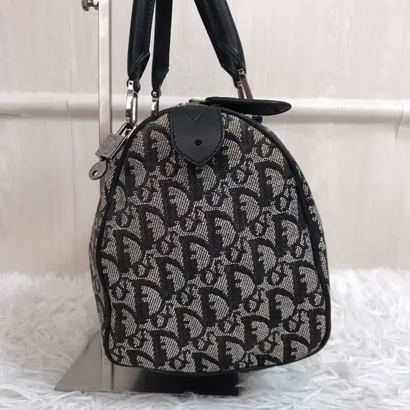 【母親節優惠】稀有中古二手Dior黑灰色老花波士頓手提圓桶袋小包