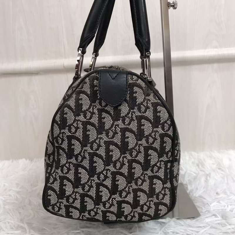 【母親節優惠】稀有中古二手Dior黑灰色老花波士頓手提圓桶袋小包
