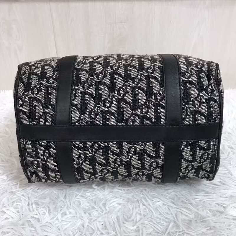【母親節優惠】稀有中古二手Dior黑灰色老花波士頓手提圓桶袋小包