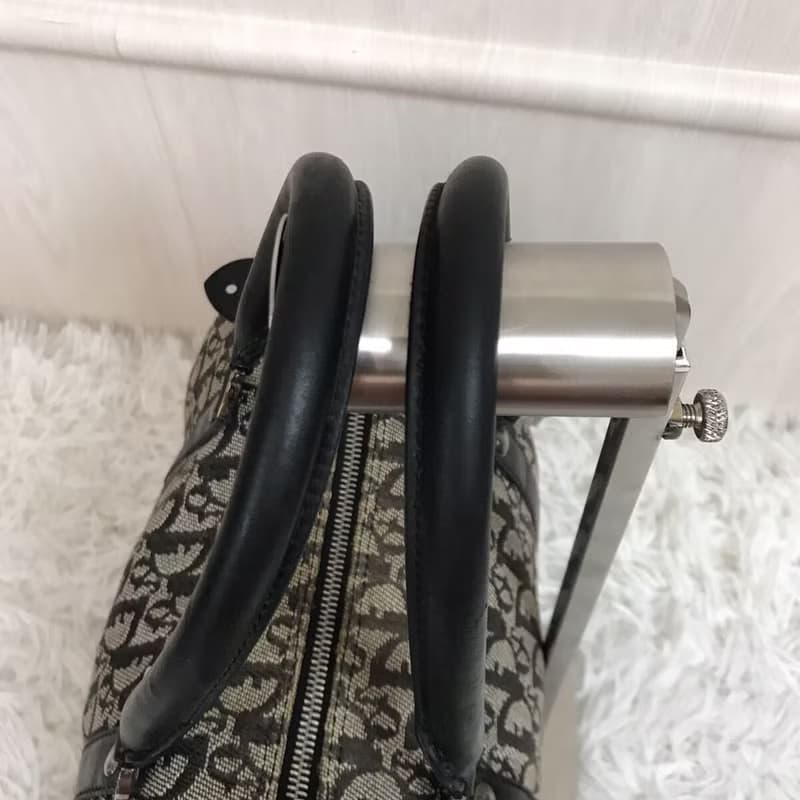 【母親節優惠】稀有中古二手Dior黑灰色老花波士頓手提圓桶袋小包