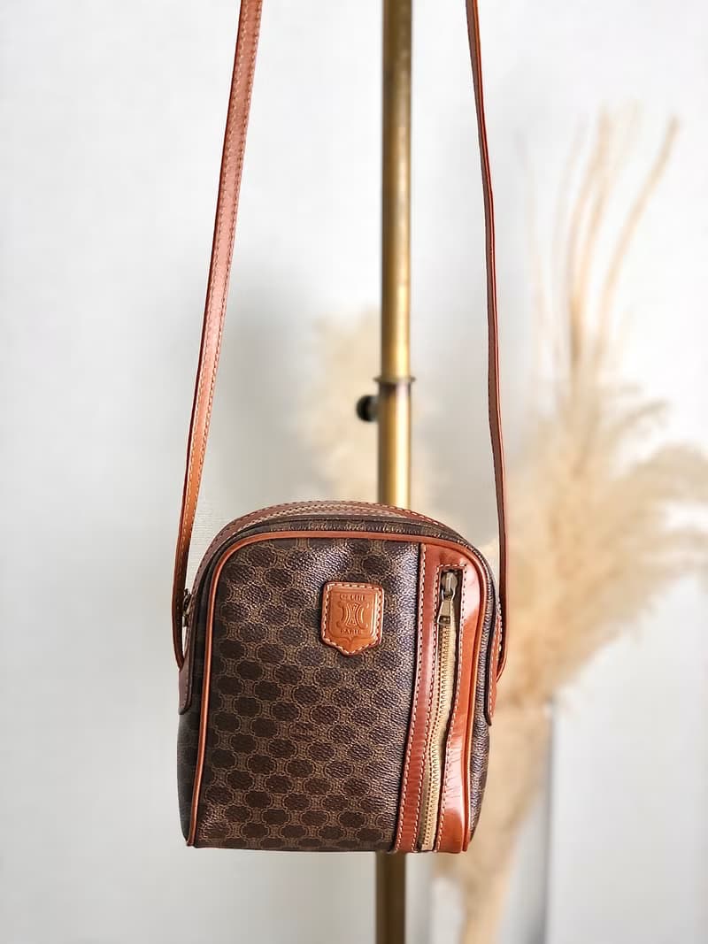 【 日本直送　名牌中古包 】CELINE セリーヌ マカダム ショルダーバッグ ブラウン ブラゾン型押し PVCレザー vintage vbjmjr