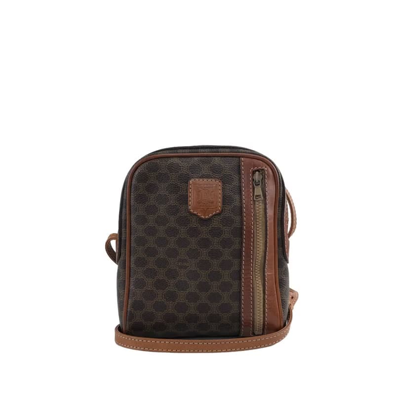【 日本直送　名牌中古包 】CELINE セリーヌ マカダム ショルダーバッグ ブラウン ブラゾン型押し PVCレザー vintage vbjmjr