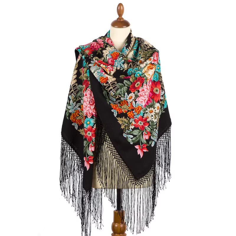 Pavlovo Posad Russian Shawl 100% Wool Scarf 148x148 cm Silk Fringe 385-18