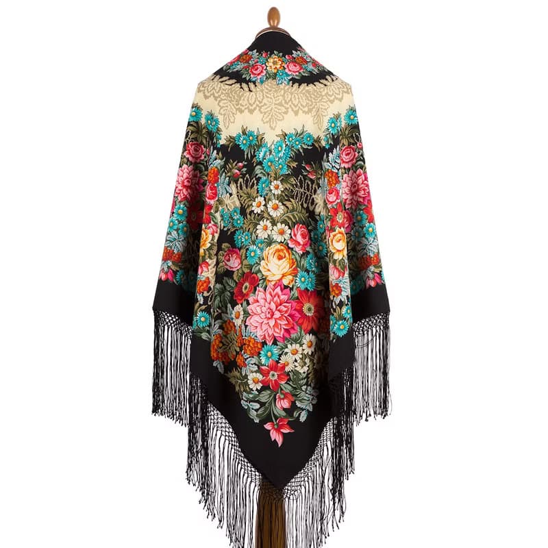 Pavlovo Posad Russian Shawl 100% Wool Scarf 148x148 cm Silk Fringe 385-18