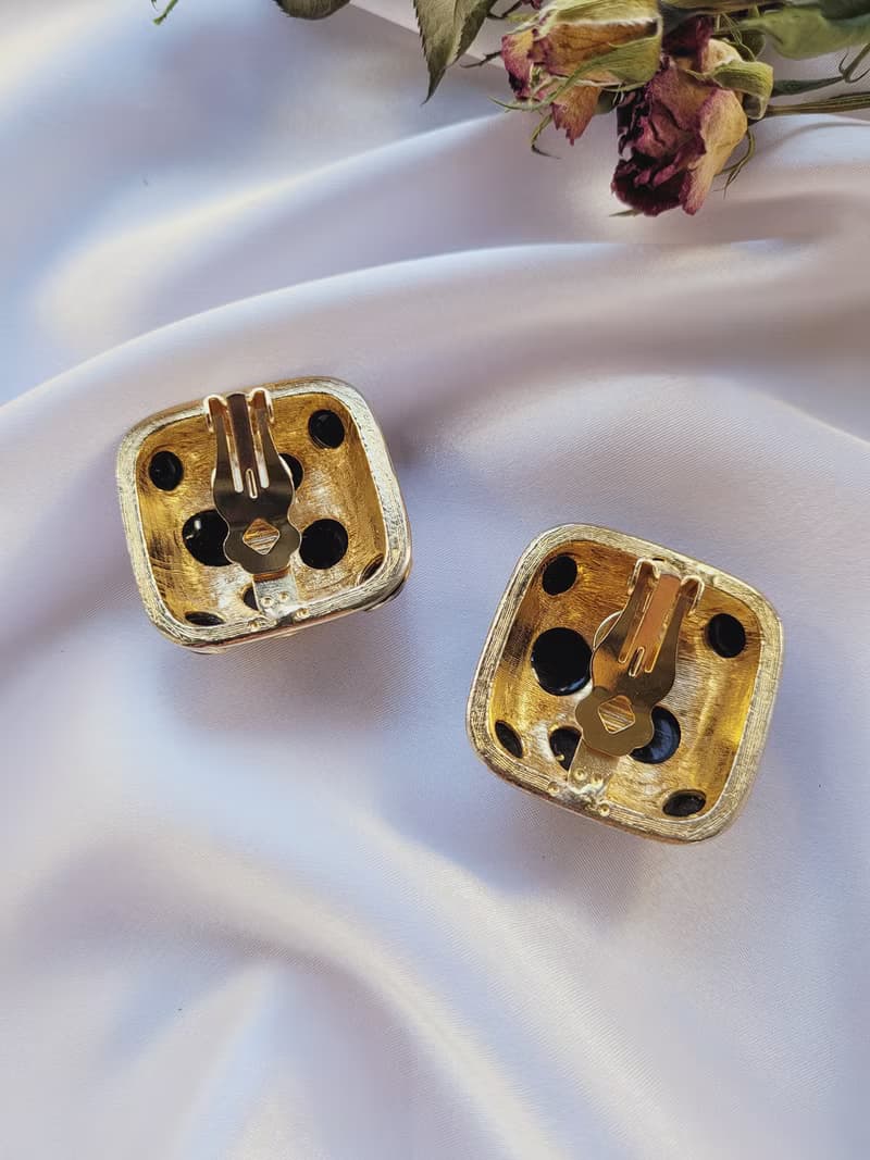 美國西洋古董飾品 / 黑琺瑯金色泡泡誇張 復古夾式耳環 古著首飾