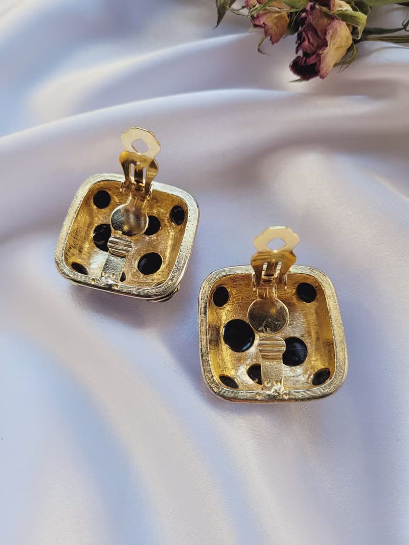 美國西洋古董飾品 / 黑琺瑯金色泡泡誇張 復古夾式耳環 古著首飾