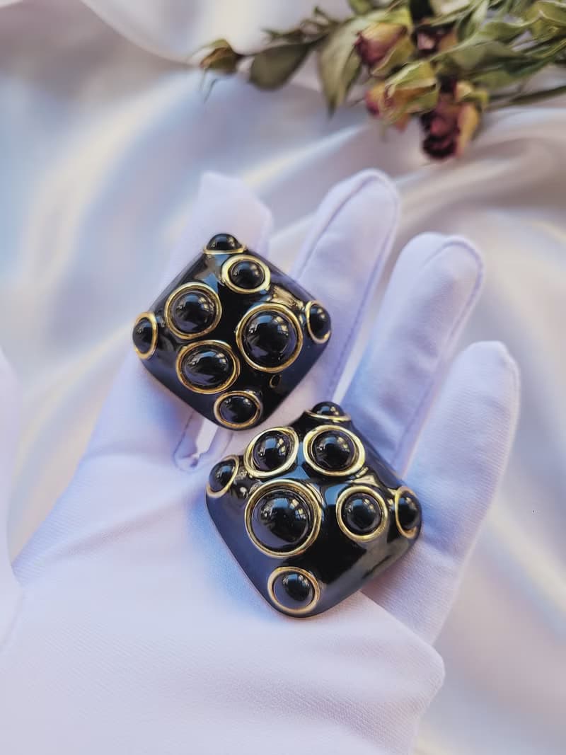 美國西洋古董飾品 / 黑琺瑯金色泡泡誇張 復古夾式耳環 古著首飾