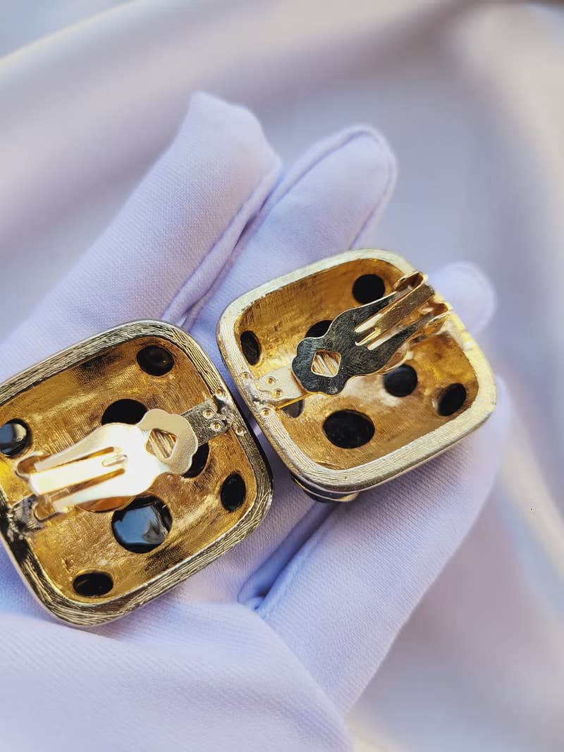 美國西洋古董飾品 / 黑琺瑯金色泡泡誇張 復古夾式耳環 古著首飾