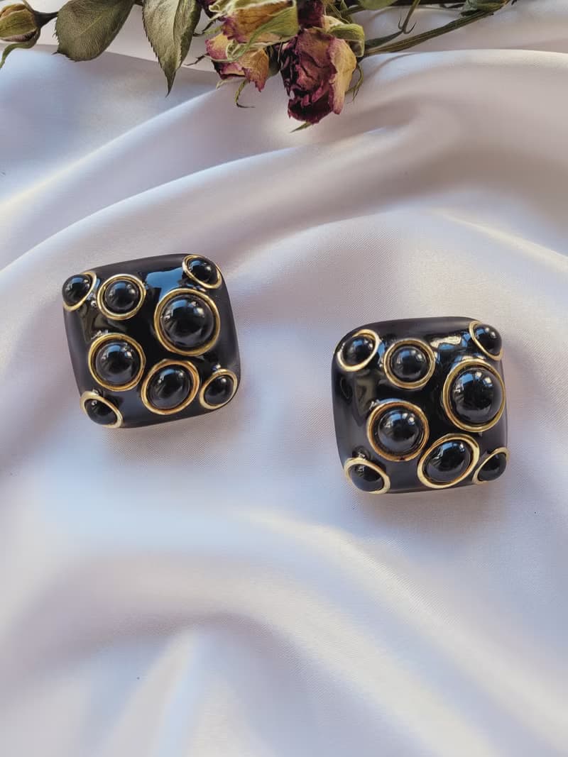 美國西洋古董飾品 / 黑琺瑯金色泡泡誇張 復古夾式耳環 古著首飾