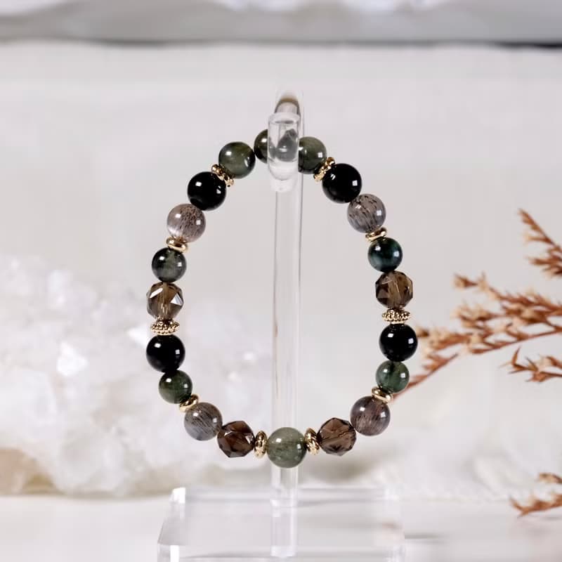綠髮晶 茶晶 黑金骨幹 黑曜石 手鍊 天然礦石水晶