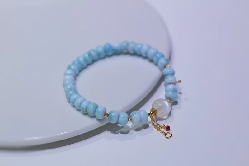 原創天然海紋石盤珠手鏈搭配天然藍月光手鏈