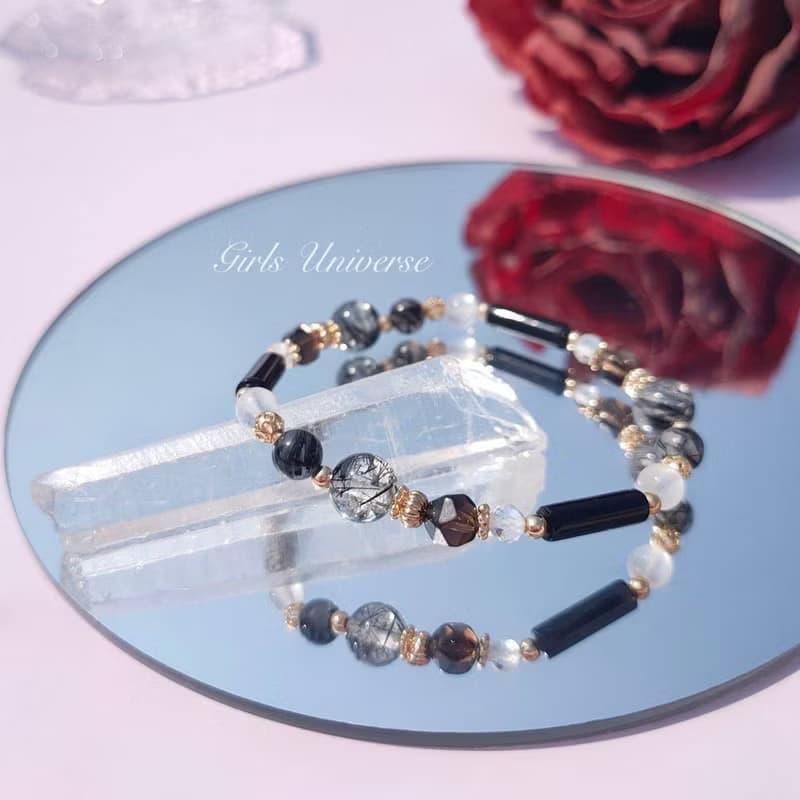 黑色幽默。黑髮晶 黑瑪瑙 月光石 14K包金 水晶礦石設計手鍊