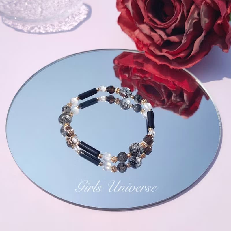 黑色幽默。黑髮晶 黑瑪瑙 月光石 14K包金 水晶礦石設計手鍊