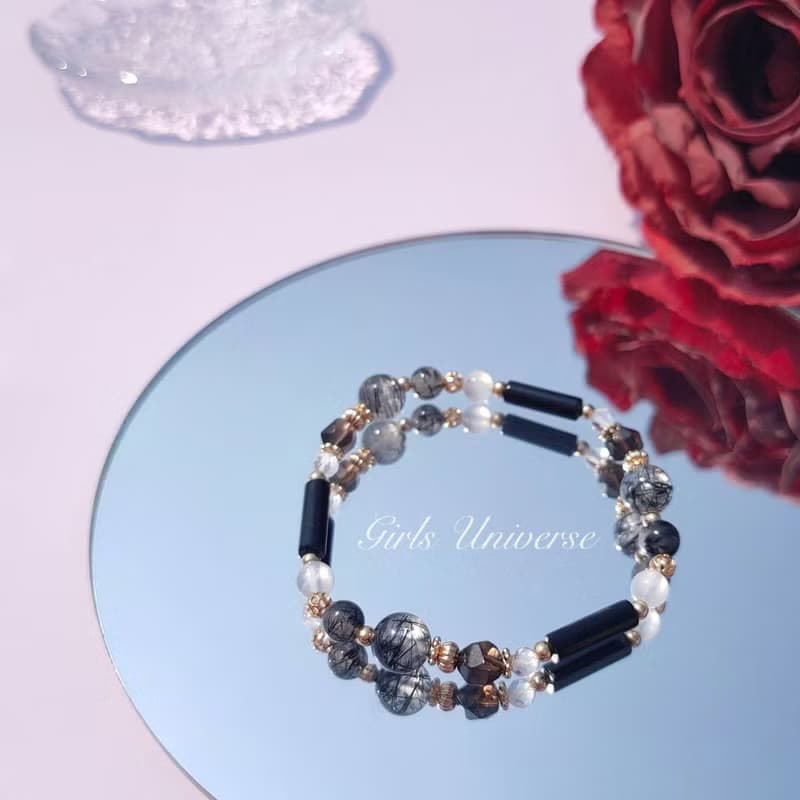 黑色幽默。黑髮晶 黑瑪瑙 月光石 14K包金 水晶礦石設計手鍊