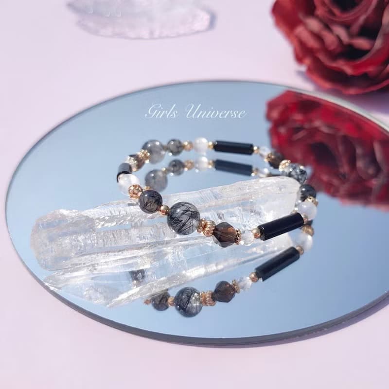 黑色幽默。黑髮晶 黑瑪瑙 月光石 14K包金 水晶礦石設計手鍊