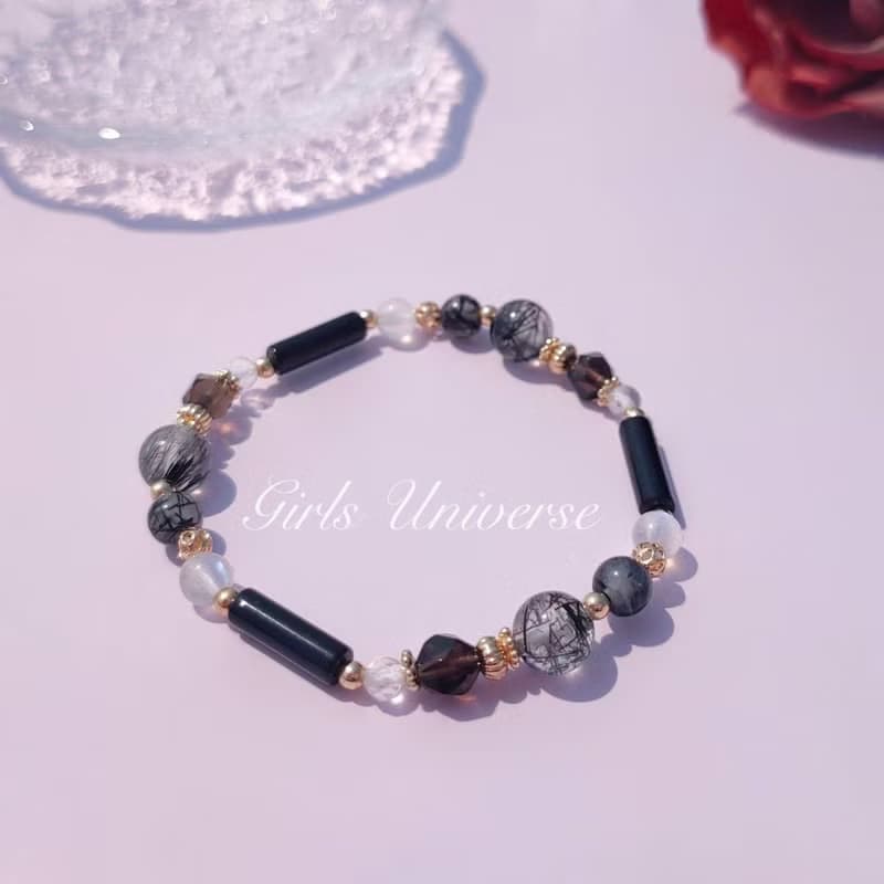 黑色幽默。黑髮晶 黑瑪瑙 月光石 14K包金 水晶礦石設計手鍊