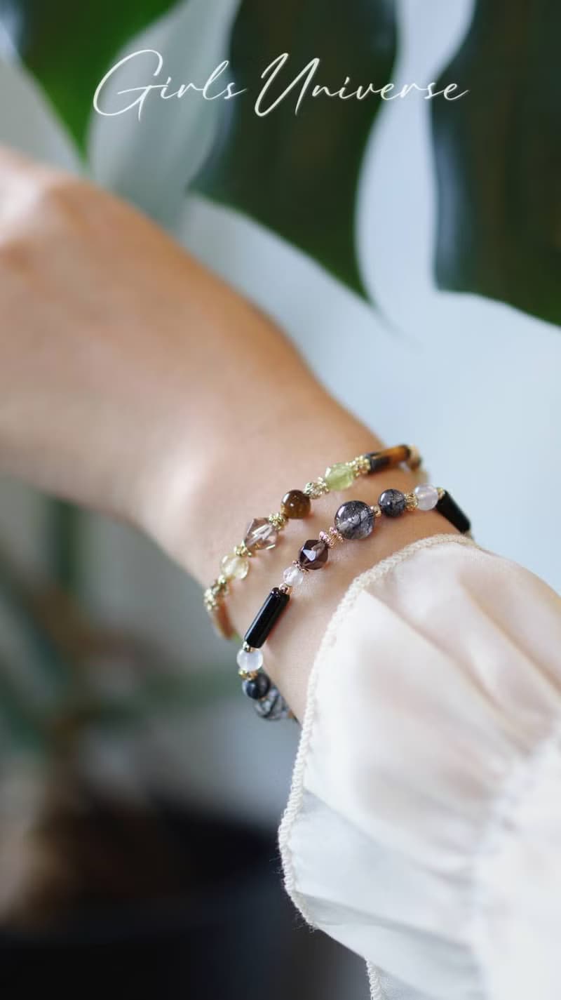 黑色幽默。黑髮晶 黑瑪瑙 月光石 14K包金 水晶礦石設計手鍊