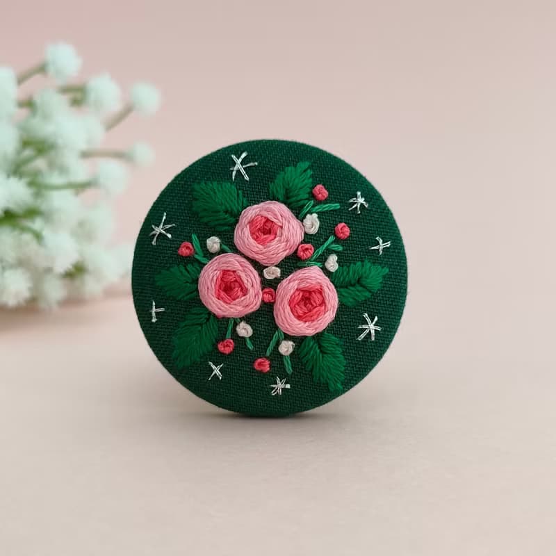 ピンクのバラ刺繍ブローチorヘアゴム