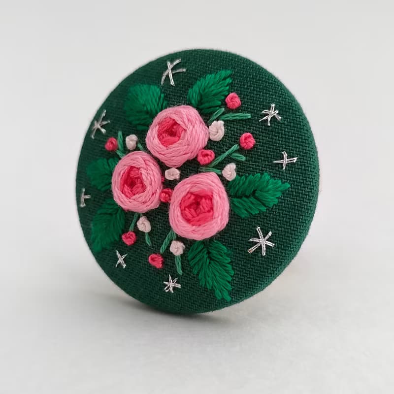 ピンクのバラ刺繍ブローチorヘアゴム