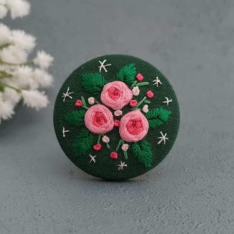 ピンクのバラ刺繍ブローチorヘアゴム