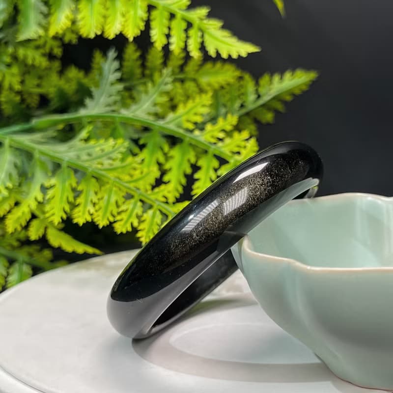 高品質 金曜石手鐲 56MM 灑金金沙黑曜石手環 耀眼靈動 招財辟邪
