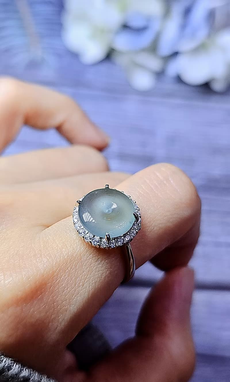 |夢幻天空藍|冰玻淡天藍膠平安釦11.8mm純銀鍍18k簡約戒指