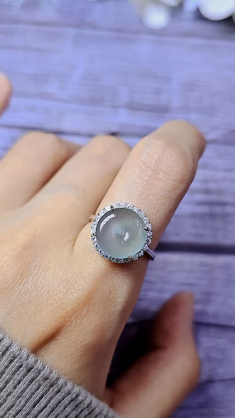 |夢幻天空藍|冰玻淡天藍膠平安釦11.8mm純銀鍍18k簡約戒指