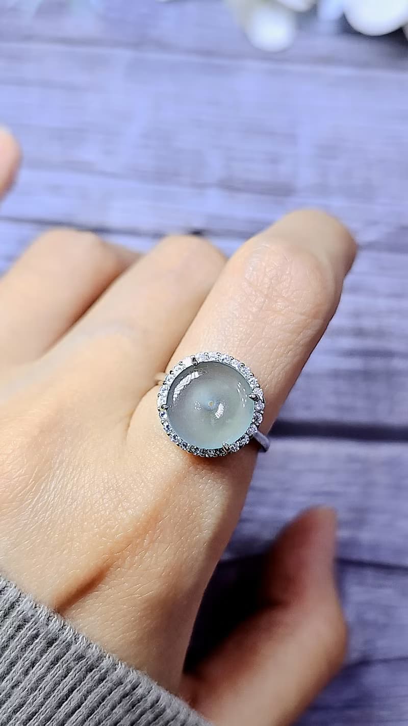 |夢幻天空藍|冰玻淡天藍膠平安釦11.8mm純銀鍍18k簡約戒指