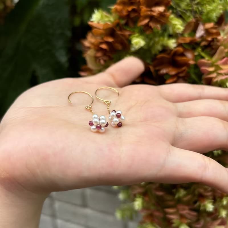 碧璽 淡水珍珠 小花 耳環  14K GF 手作