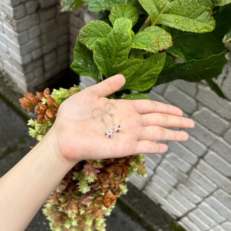 碧璽 淡水珍珠 小花 耳環  14K GF 手作