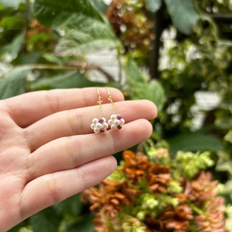 碧璽 淡水珍珠 小花 耳環  14K GF 手作