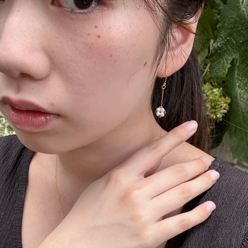 碧璽 淡水珍珠 小花 耳環  14K GF 手作