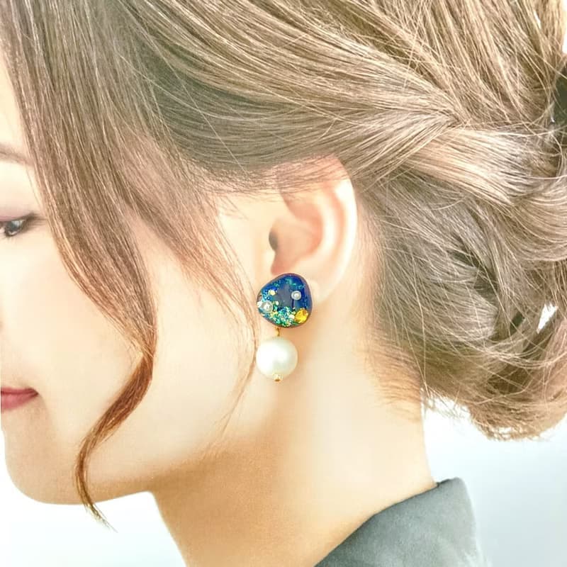 ギャラクシー ストーン ピアス イヤリング レジン ブルー ネイビー マットパール パール 銀河