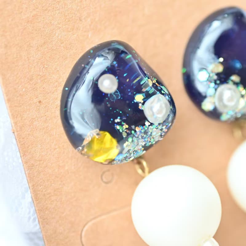 ギャラクシー ストーン ピアス イヤリング レジン ブルー ネイビー マットパール パール 銀河