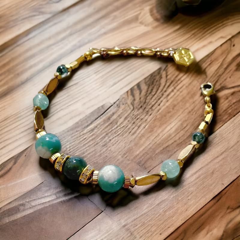 VIIART。倒映。限量櫻花瑪瑙綠草莓水晶瑪瑙黃銅復古手鍊