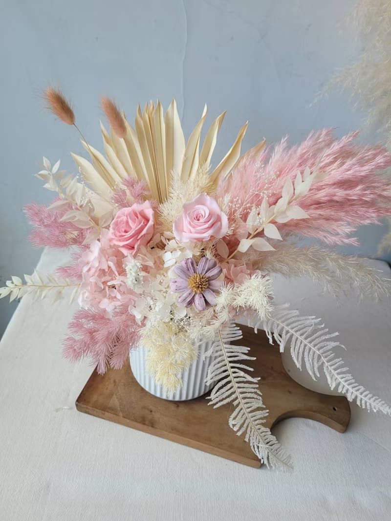 薄櫻飛雪 浪漫蘆葦 大型乾燥永生盆花