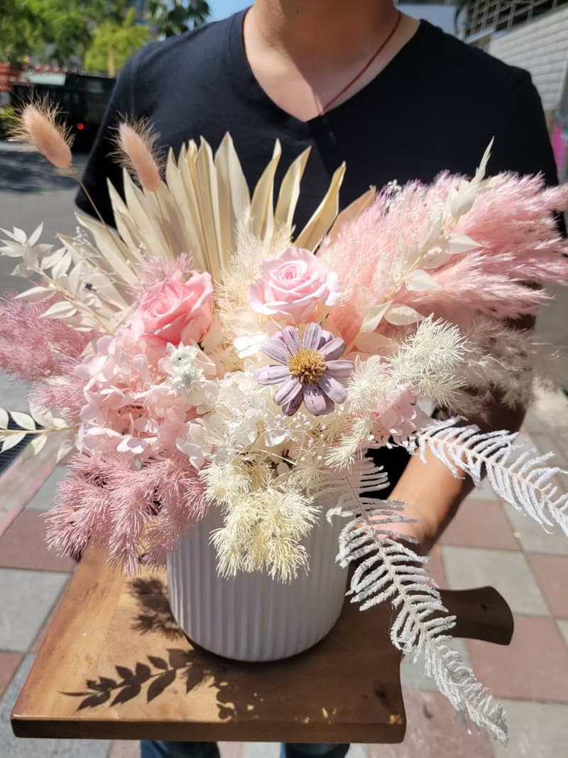 薄櫻飛雪 浪漫蘆葦 大型乾燥永生盆花