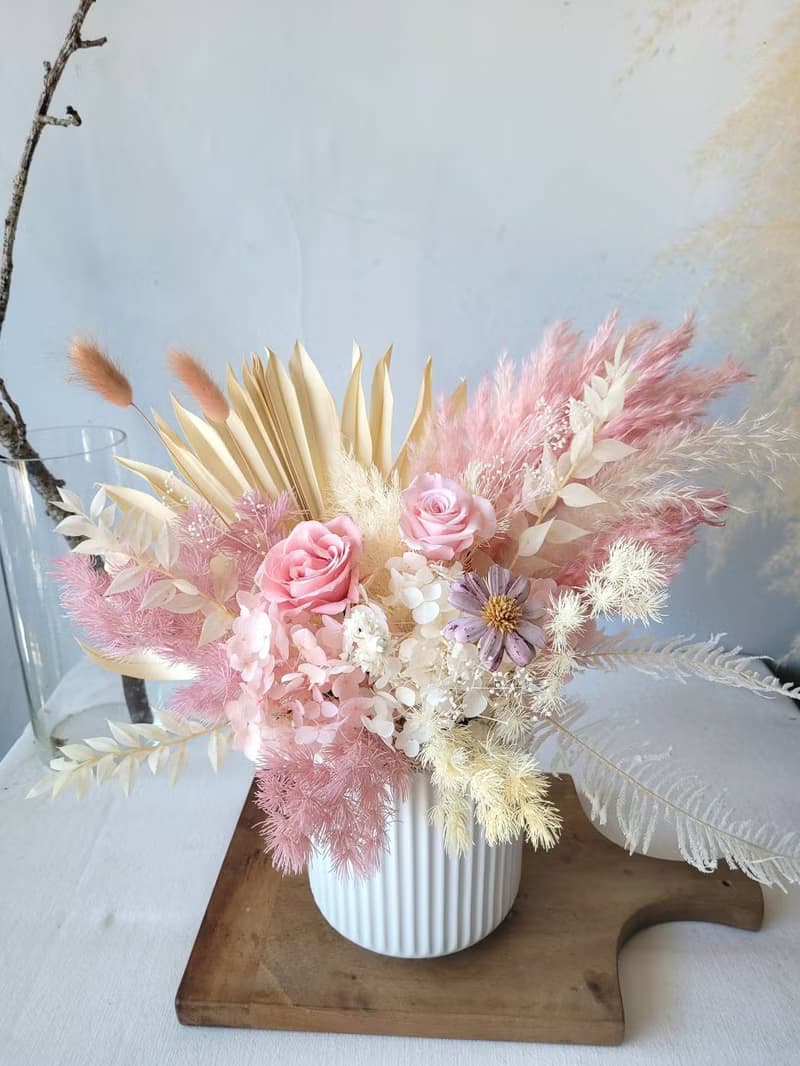 薄櫻飛雪 浪漫蘆葦 大型乾燥永生盆花