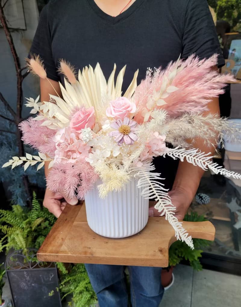 薄櫻飛雪 浪漫蘆葦 大型乾燥永生盆花