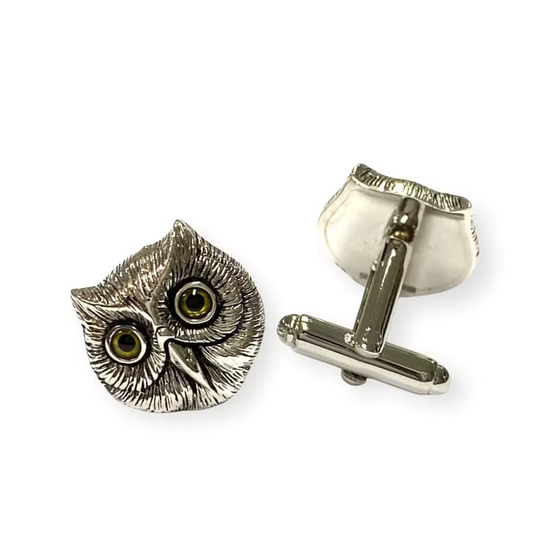Vintage Style Owl Head with Glass Eyes Cufflinks 925 Sterling Silver Mens Gift