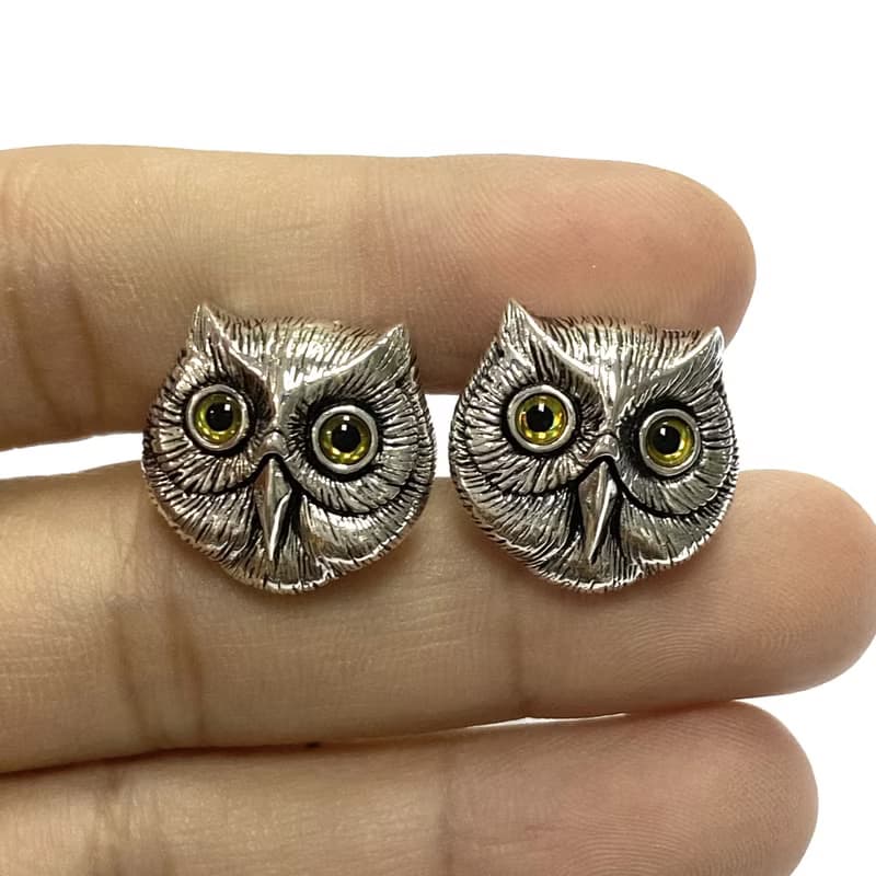 Vintage Style Owl Head with Glass Eyes Cufflinks 925 Sterling Silver Mens Gift