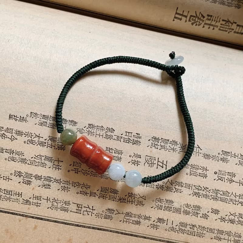 手作 如沐春風。天然南紅竹節復古編織手鏈 緬甸翡翠珠手繩文藝