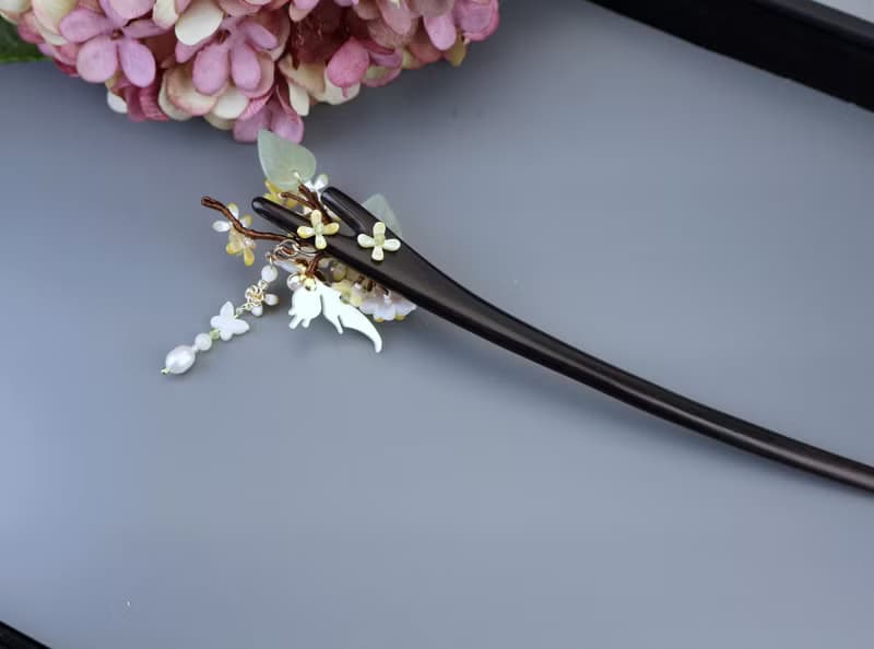 檸檬手作髮飾  天然蝶貝鳳尾蝶桂花黑檀木髮簪/銅簪(流蘇可拆)