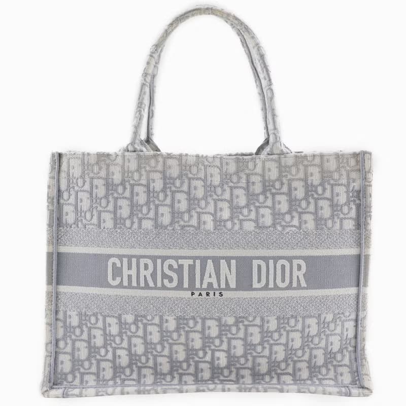 【日本直送】クリスチャンディオール Dior ブックトート ミディアム トートバッグ オブリーク エンブロイダリー コットン ライトグレー レディース【中古】