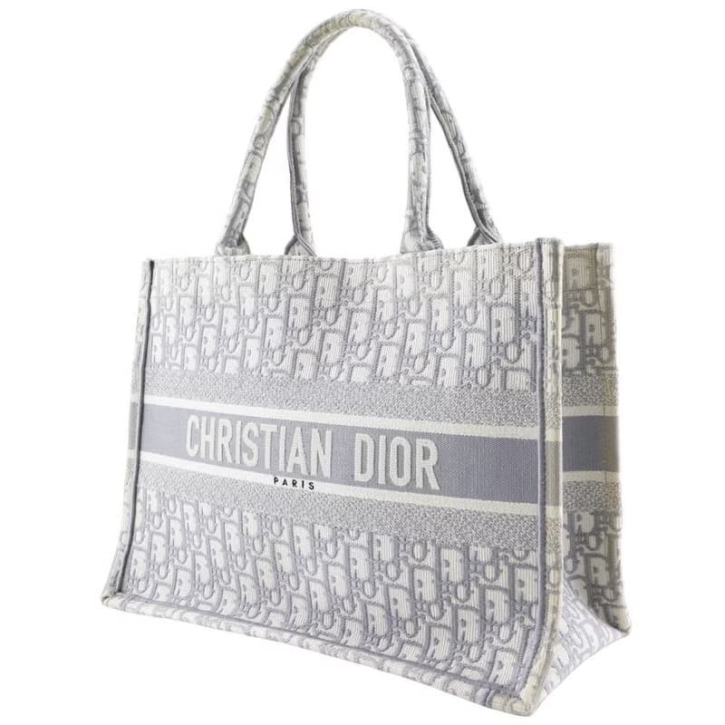 【日本直送】クリスチャンディオール Dior ブックトート ミディアム トートバッグ オブリーク エンブロイダリー コットン ライトグレー レディース【中古】