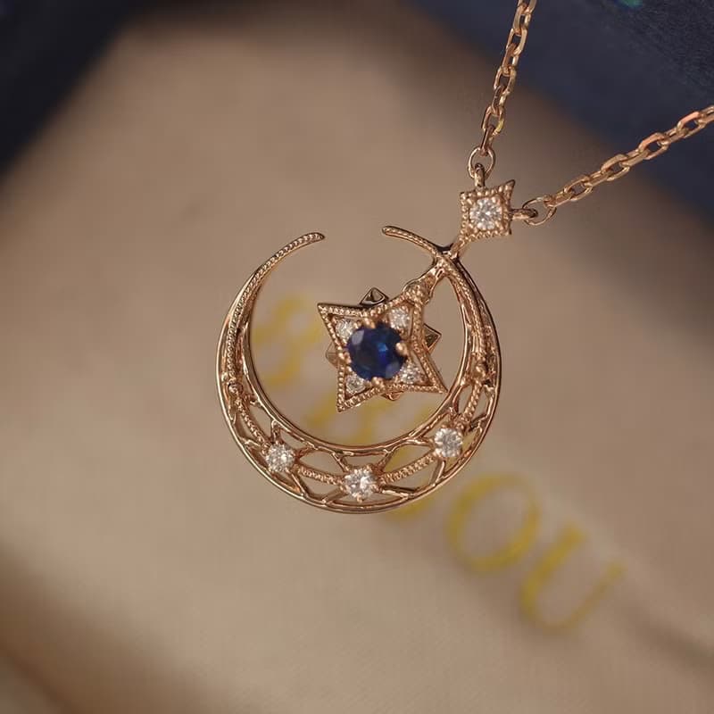 【星月】14K金 星月 藍寶石 鑽石 頸鏈