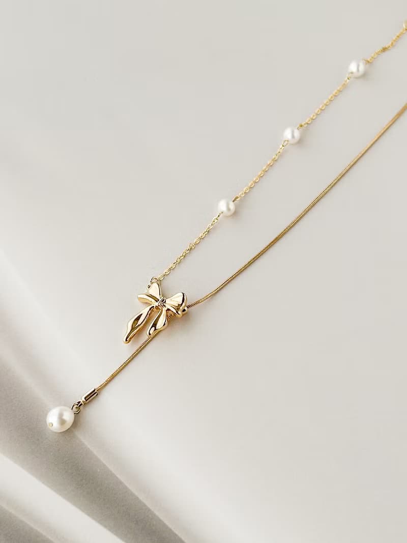 淡水パールのネックレス　着脱簡単　スライドボール　リボン　フェミニン　上品　洗練　お嬢スタイル　かわいい　ギフト　母の日　ロング　日本のハンドメイド